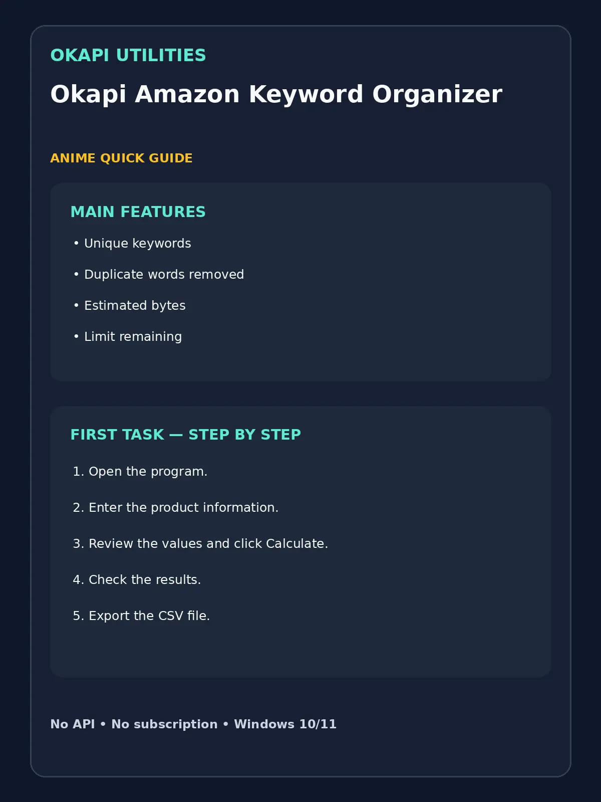 Okapi Amazon Keyword Organizer quick guide