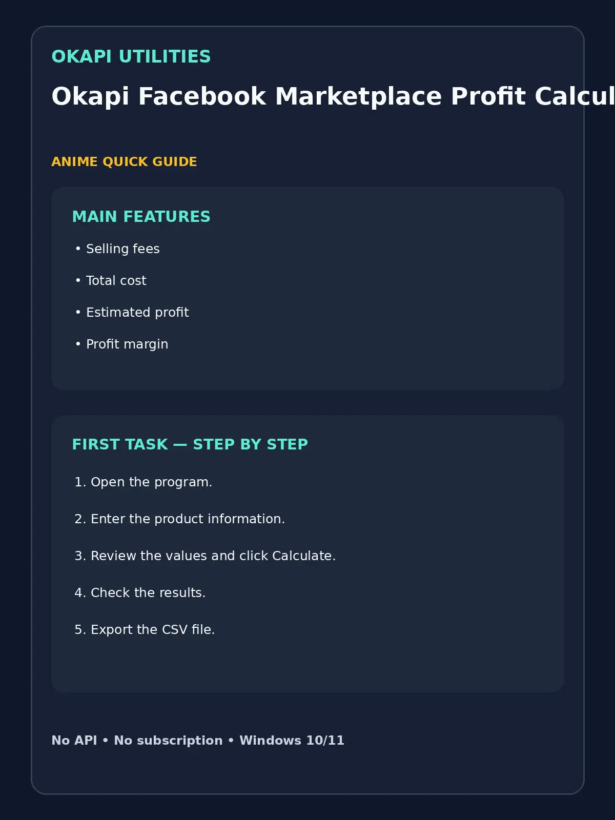 Okapi Facebook Marketplace Profit Calculator quick guide
