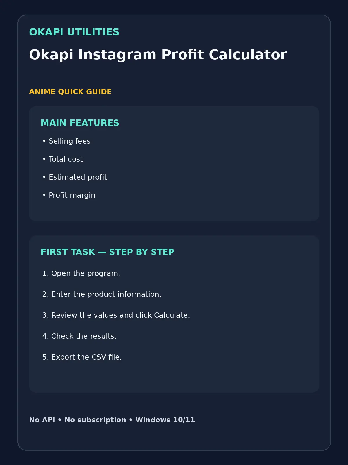 Okapi Instagram Profit Calculator quick guide