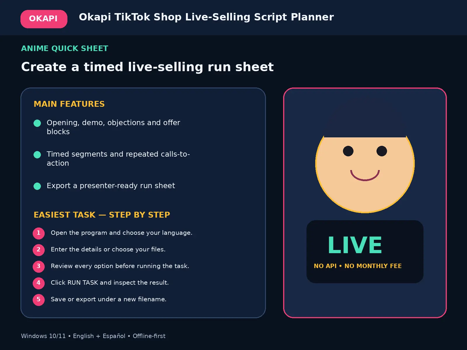 Okapi TikTok Shop Live-Selling Script Planner quick guide